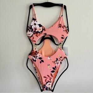 NWT BCBGeneration Gold Pink floral Monokini Cutout One Piece Swimsuit Small 6